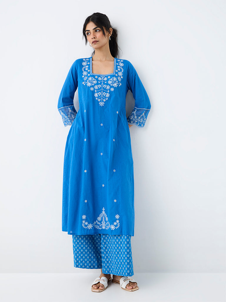 Utsa Blue Floral Embroidered Cotton A-Line Kurta
