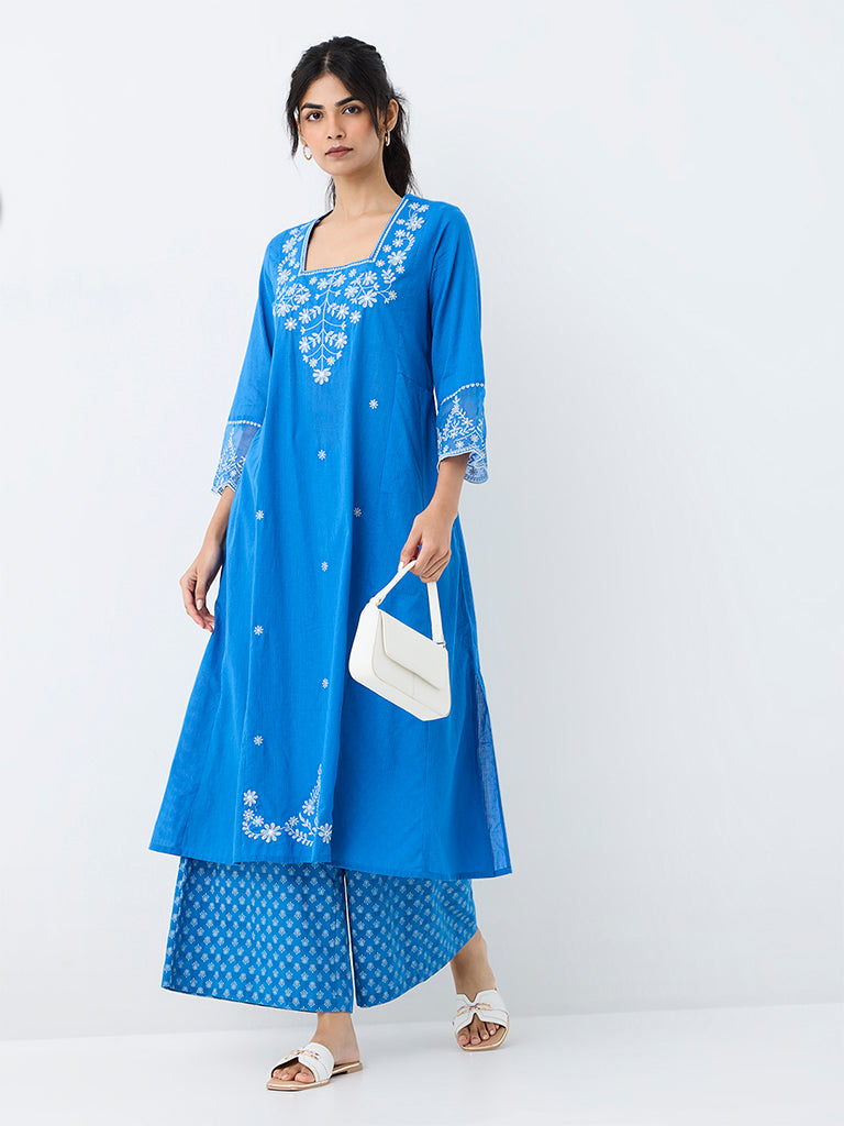 Utsa Blue Floral Embroidered Cotton A-Line Kurta