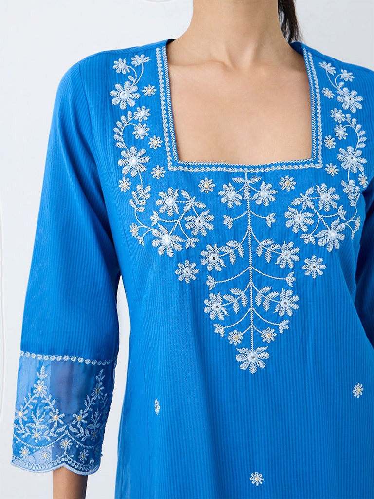 Utsa Blue Floral Embroidered Cotton A-Line Kurta