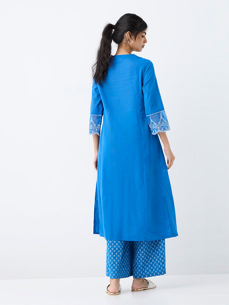 Utsa Blue Floral Embroidered Cotton A-Line Kurta