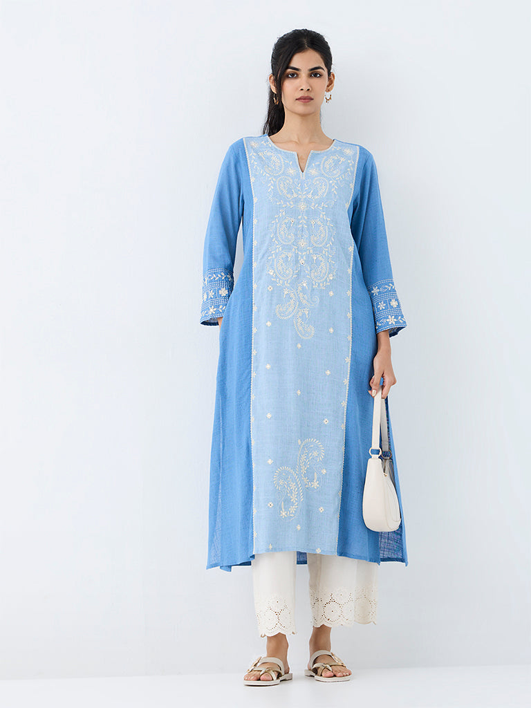 Utsa Blue Floral Embroidered A-Line Kurta
