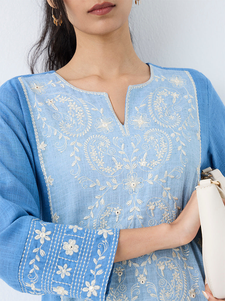 Utsa Blue Floral Embroidered A-Line Kurta