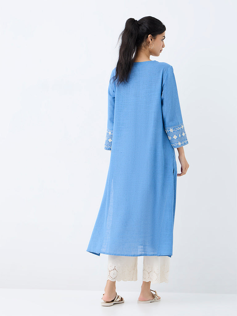 Utsa Blue Floral Embroidered A-Line Kurta