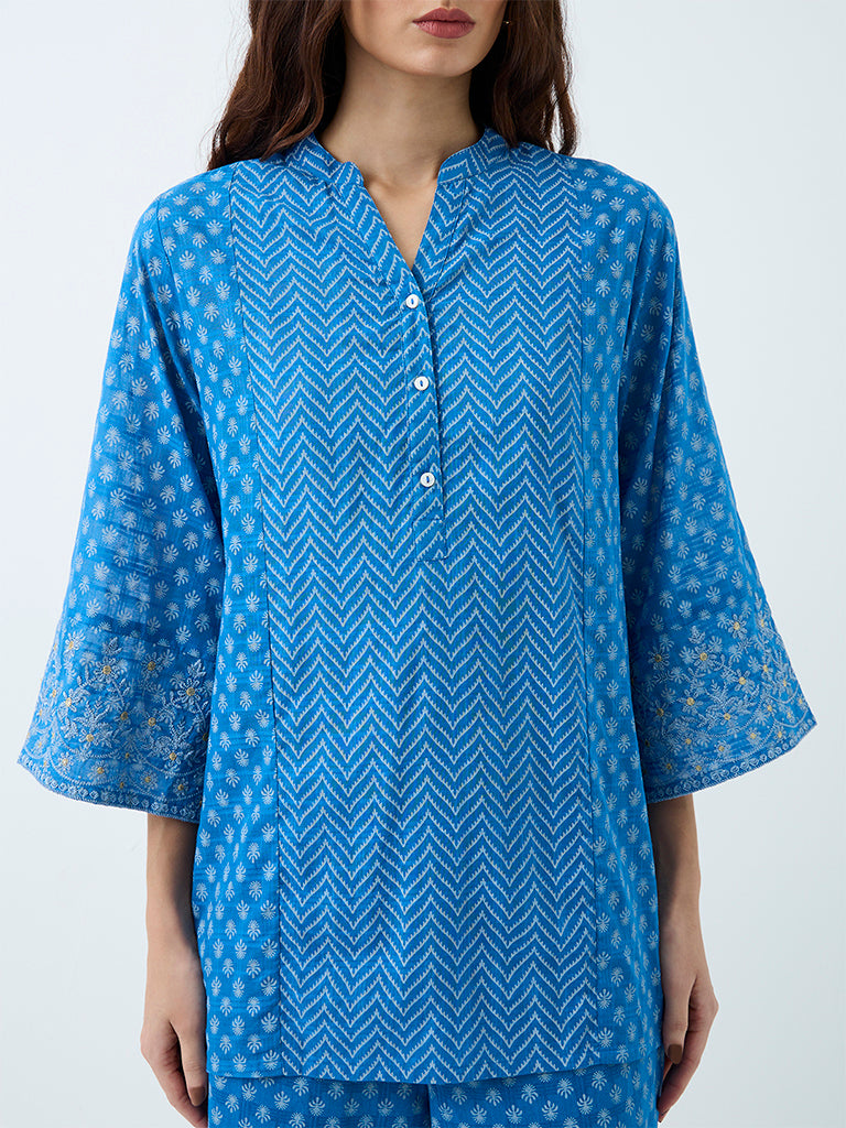 Utsa Blue Chevron Printed Cotton Kurti