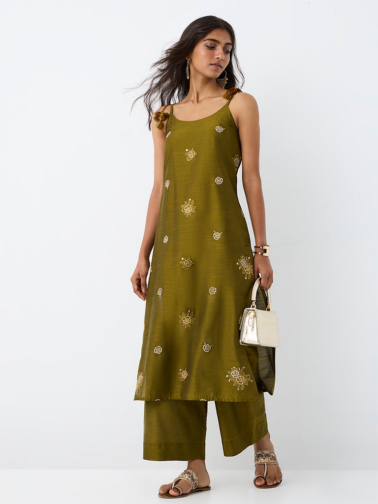 Utsa Dark Olive Floral Embroidered Cotton A-Line Kurta