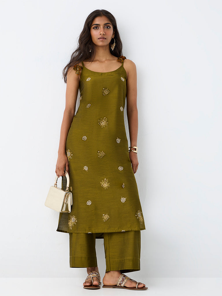 Utsa Dark Olive Floral Embroidered Cotton A-Line Kurta