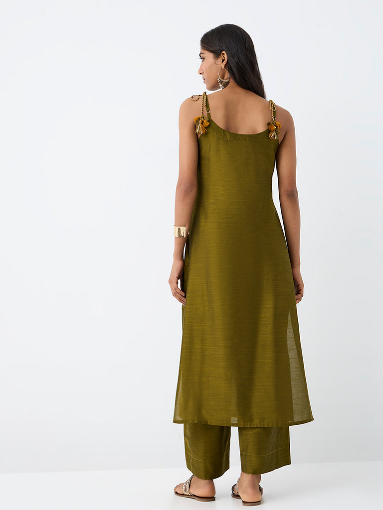 Utsa Dark Olive Floral Embroidered Cotton A-Line Kurta