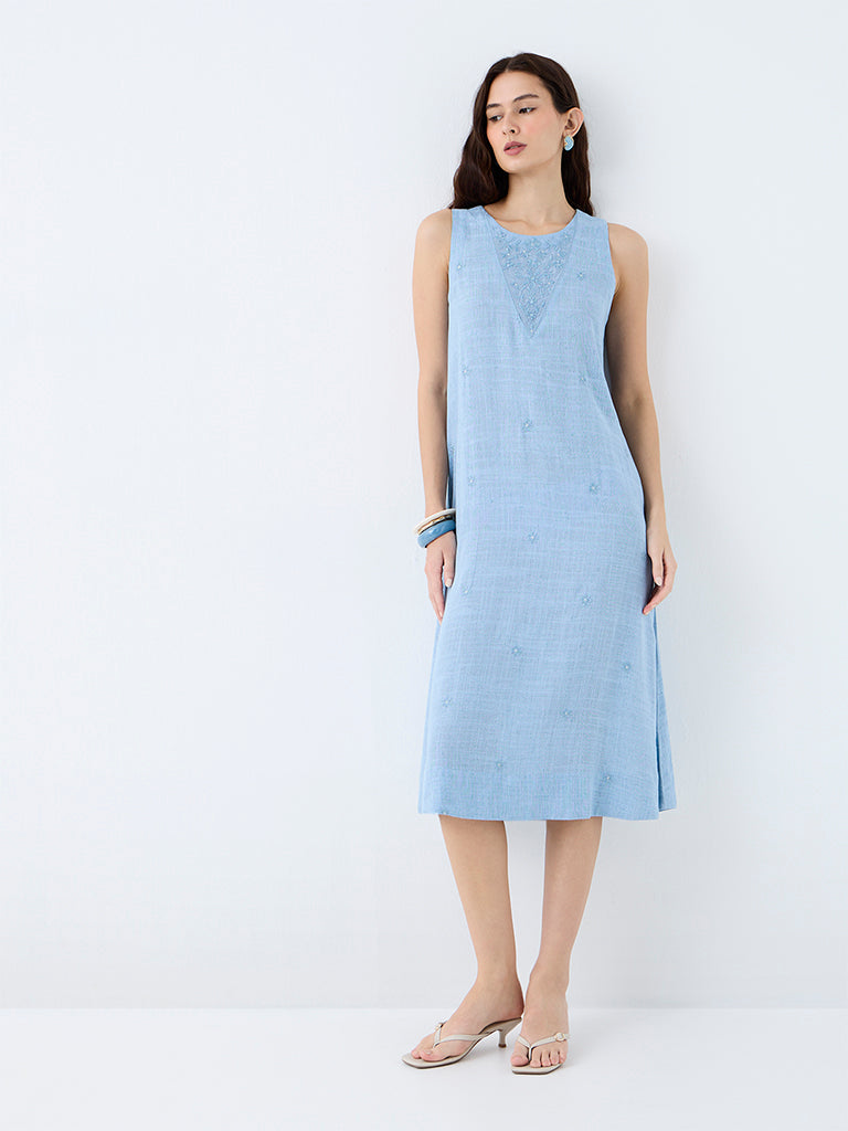 Utsa Light Blue Floral Embroidered A-Line Dress