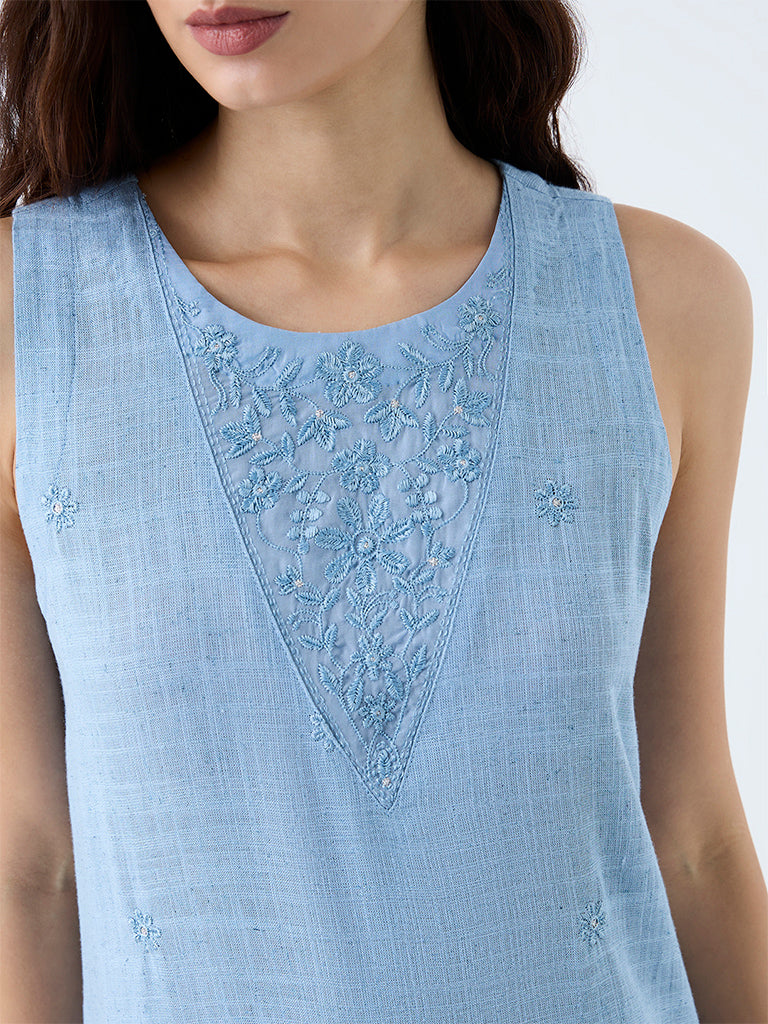 Utsa Light Blue Floral Embroidered A-Line Dress