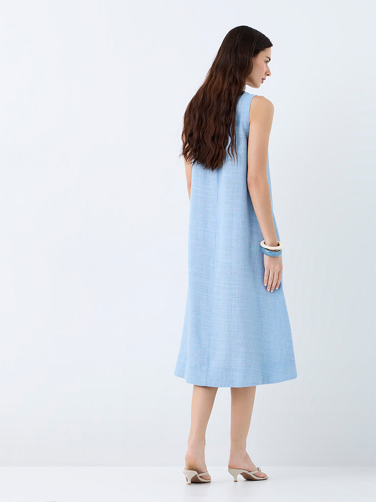 Utsa Light Blue Floral Embroidered A-Line Dress