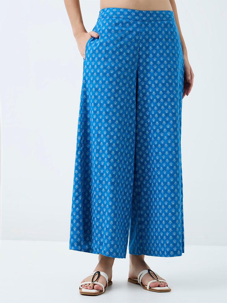 Utsa Blue Floral Printed Cotton-Blend Palazzos