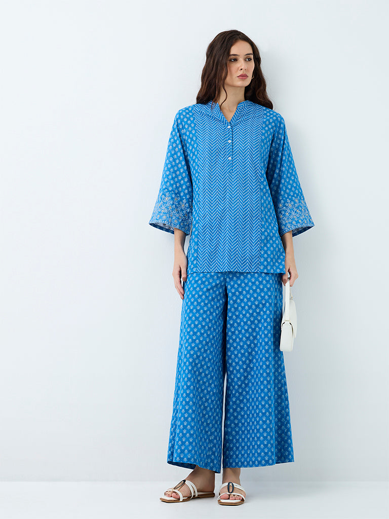 Utsa Blue Floral Printed Cotton-Blend Palazzos