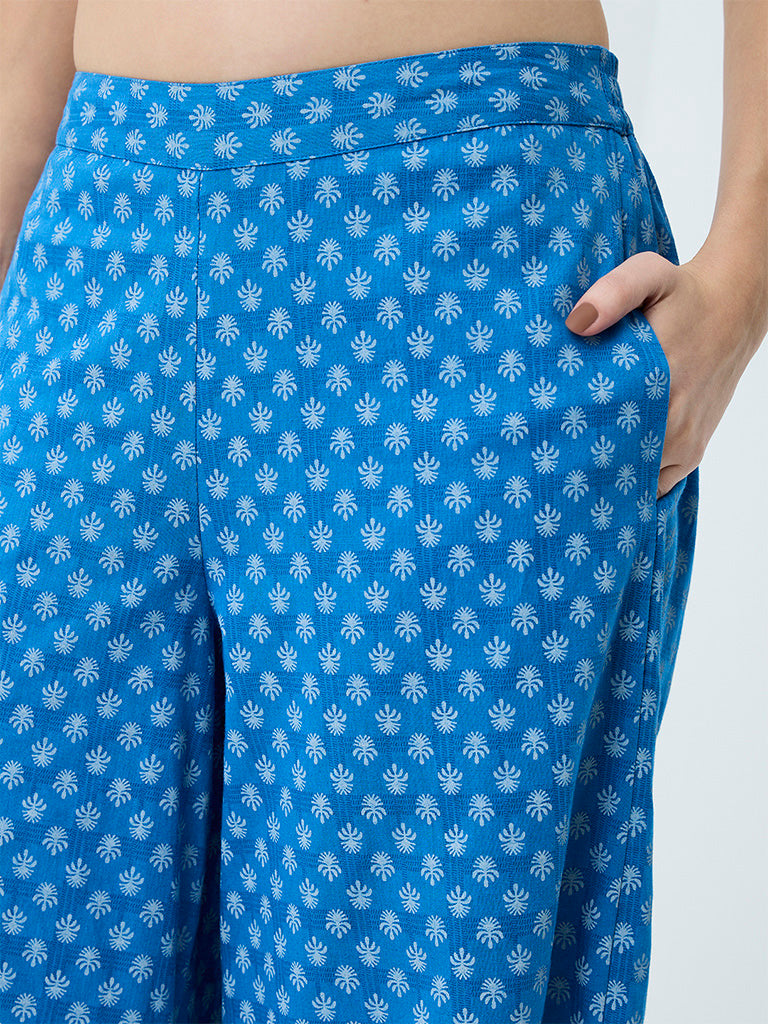 Utsa Blue Floral Printed Cotton-Blend Palazzos