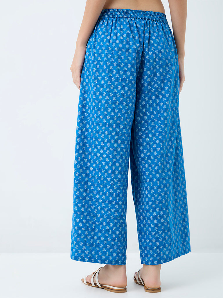 Utsa Blue Floral Printed Cotton-Blend Palazzos