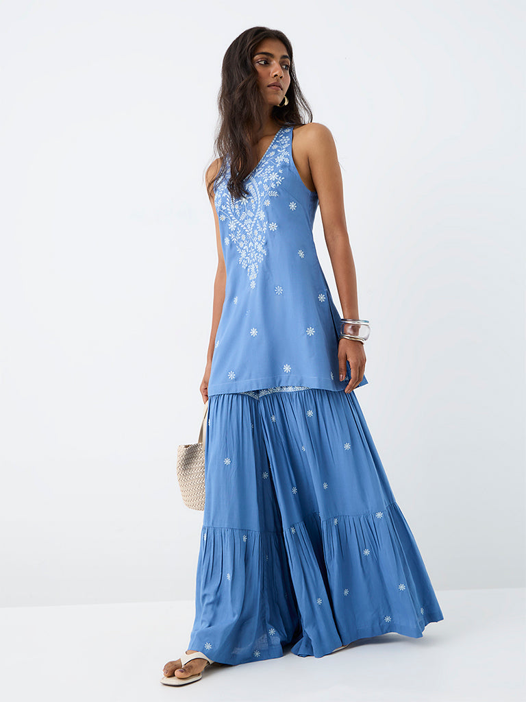 Utsa Blue Floral Embroidered Sharara