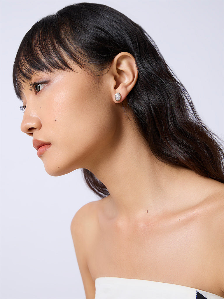 Unisex Oval Pave Lab Diamond Signet Stud Earrings