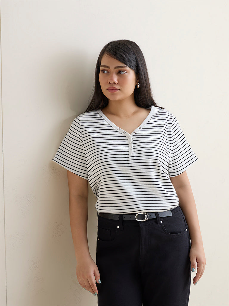 Gia White and Black Striped Cotton-Blend Top