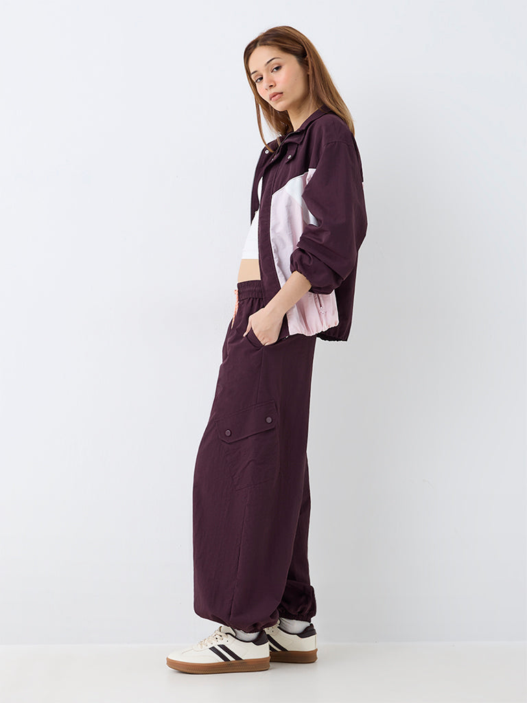 Nuoflexx Dark Plum Solid High-Rise Parachute Pants