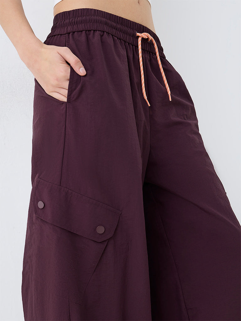 Nuoflexx Dark Plum Solid High-Rise Parachute Pants