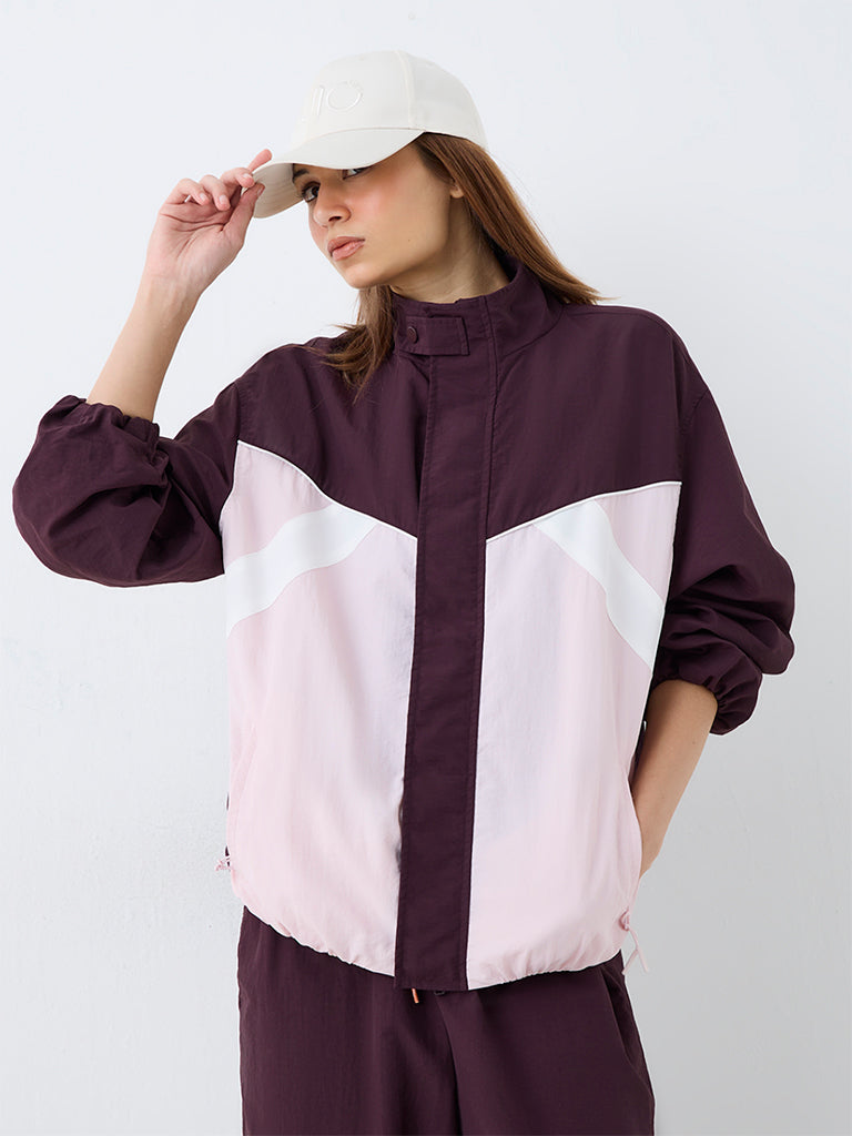 Nuoflexx Dark Plum Colour-Block Windbreaker Jacket