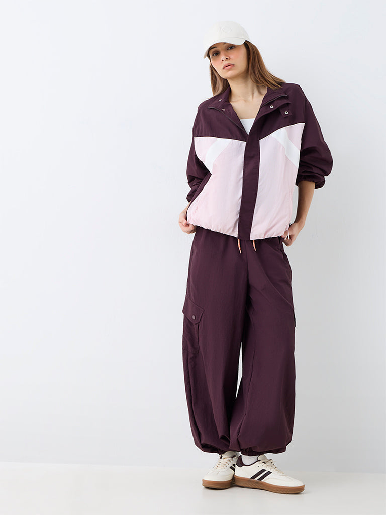 Nuoflexx Dark Plum Colour-Block Windbreaker Jacket