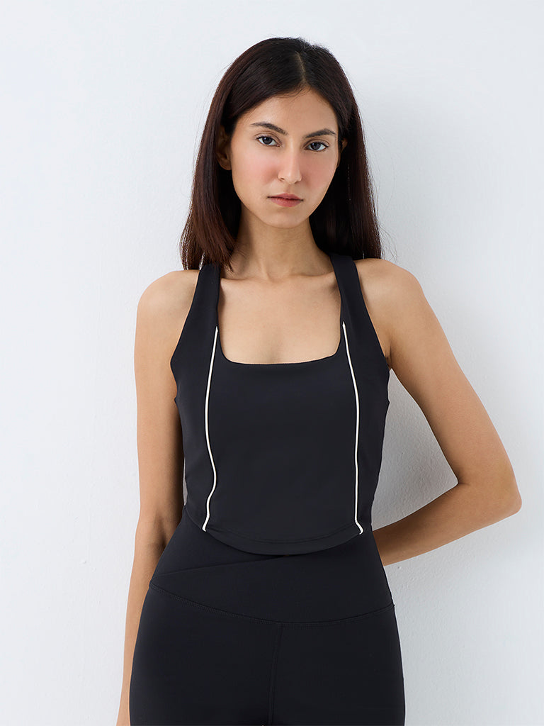 Nuoflexx Black Pipeline-Detail Padded Crop Top