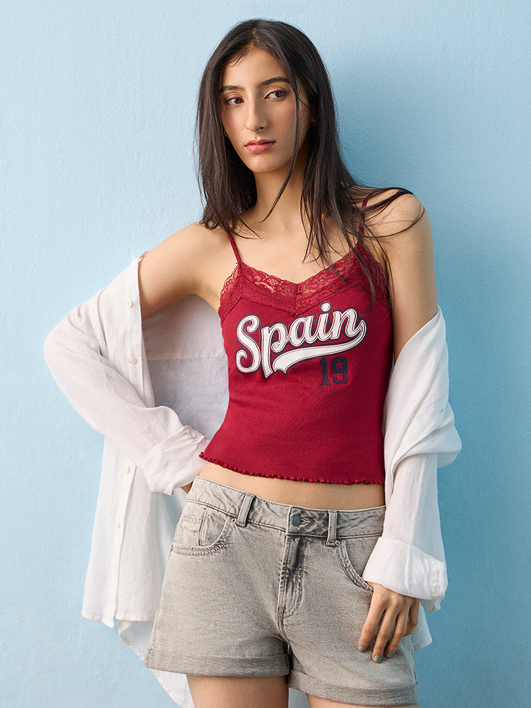 Nuon Burgundy Spain Text-Printed Cotton-Blend Jersey Top
