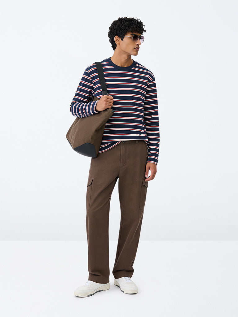 WES Casuals Brown Relaxed-Fit Mid-Rise Cotton Cargo Pants