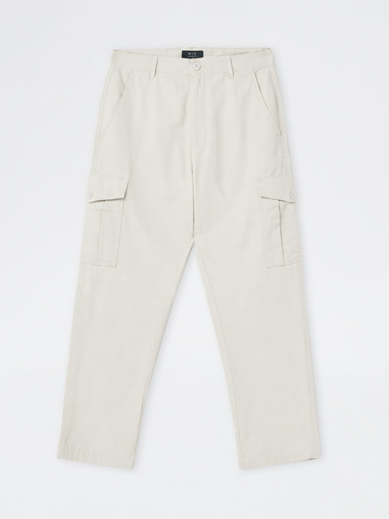 WES Casuals Off-White Relaxed-Fit Mid-Rise Cotton Cargo Pants