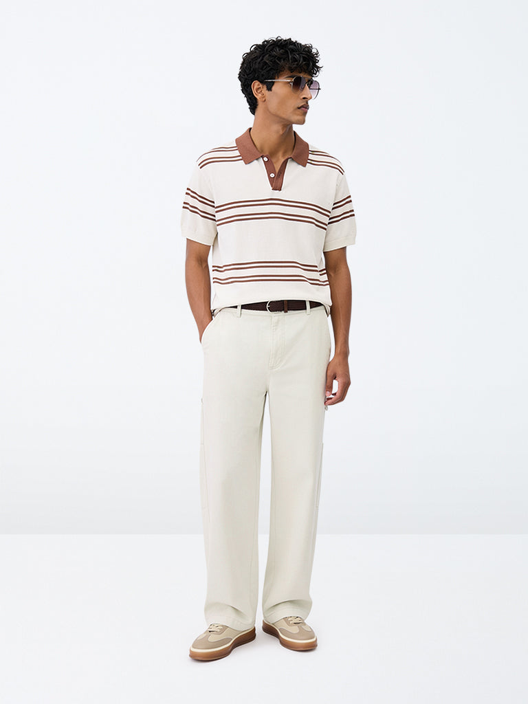 WES Casuals Off-White Relaxed-Fit Mid-Rise Cotton Pants