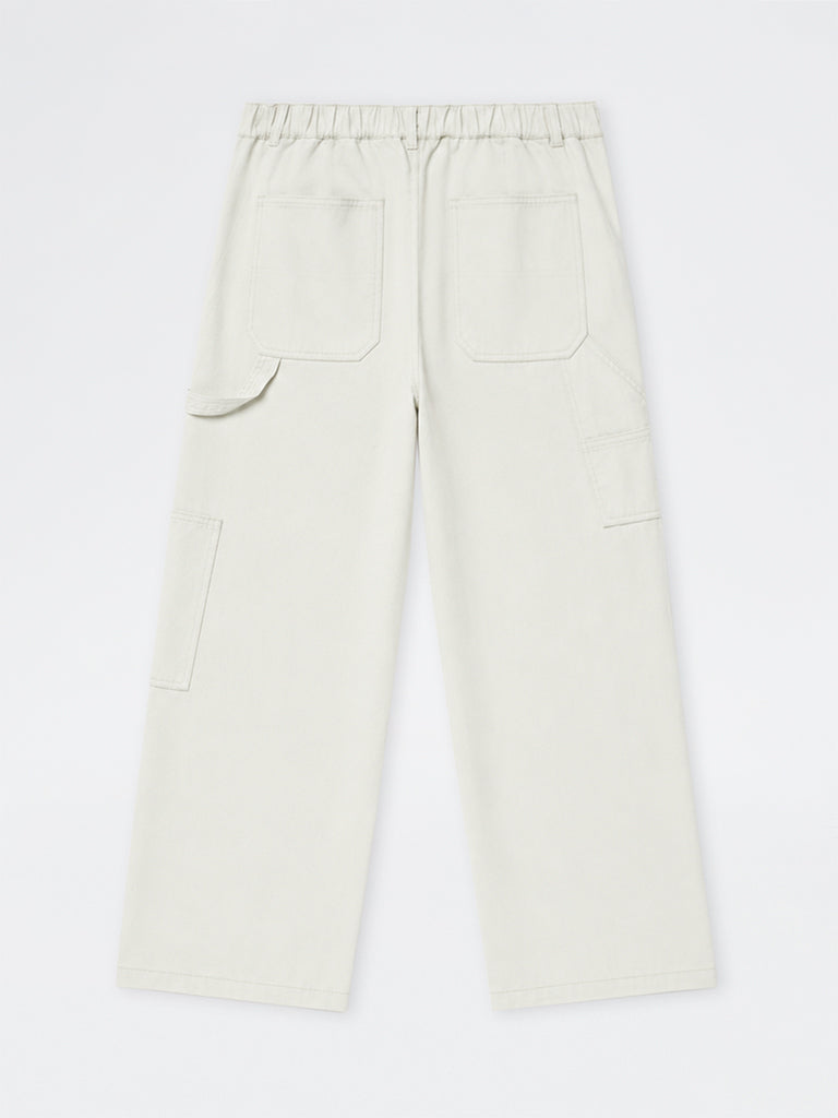 WES Casuals Off-White Relaxed-Fit Mid-Rise Cotton Pants
