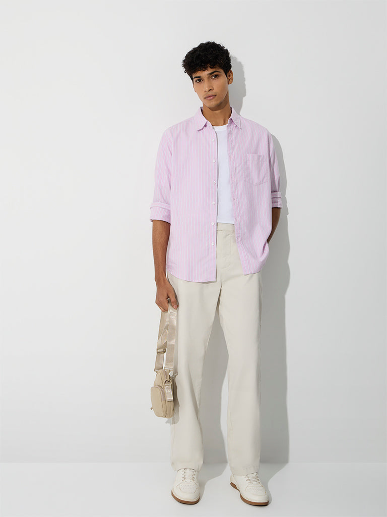 WES Casuals Pink Striped Relaxed-Fit Cotton Shirt