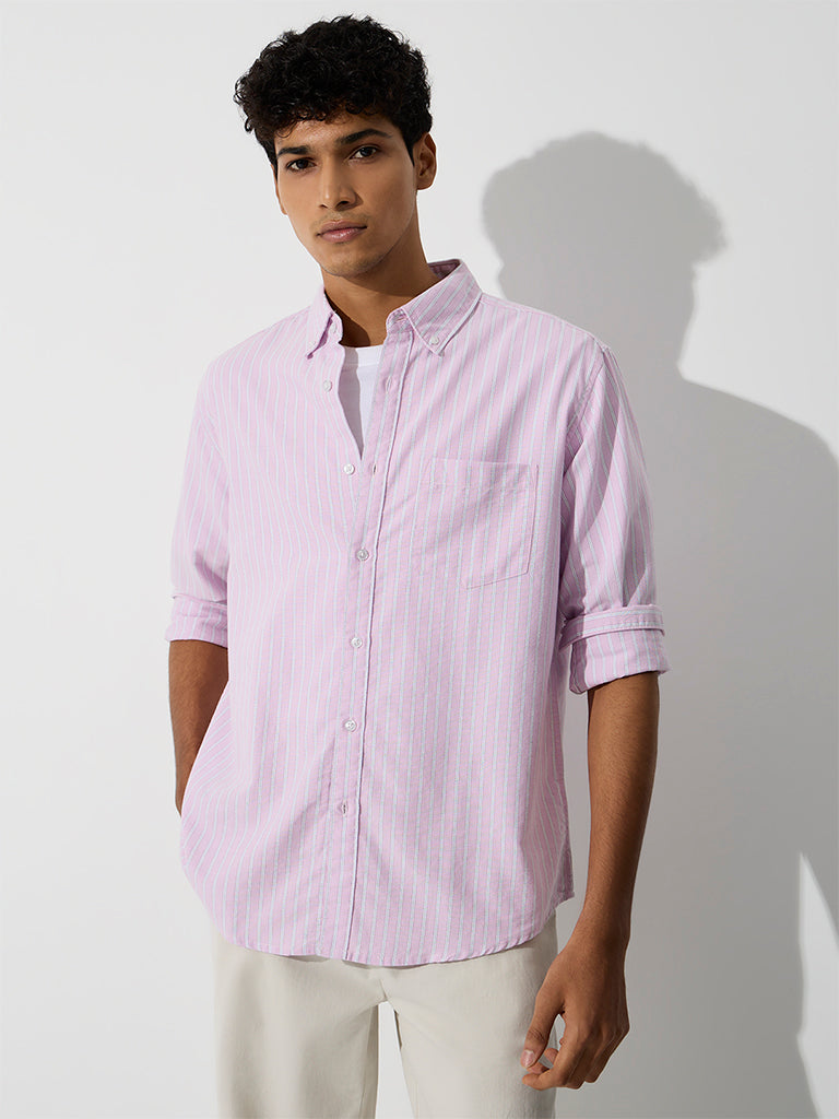 WES Casuals Pink Striped Relaxed-Fit Cotton Shirt