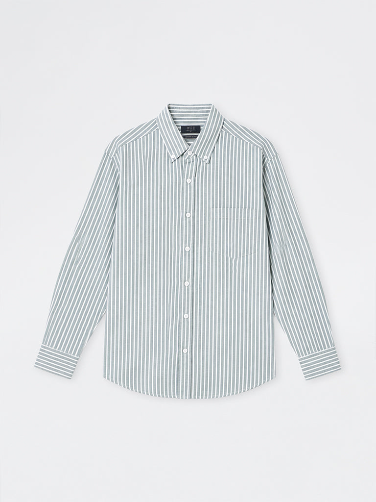 WES Casuals Sage Striped Relaxed-Fit Cotton Shirt