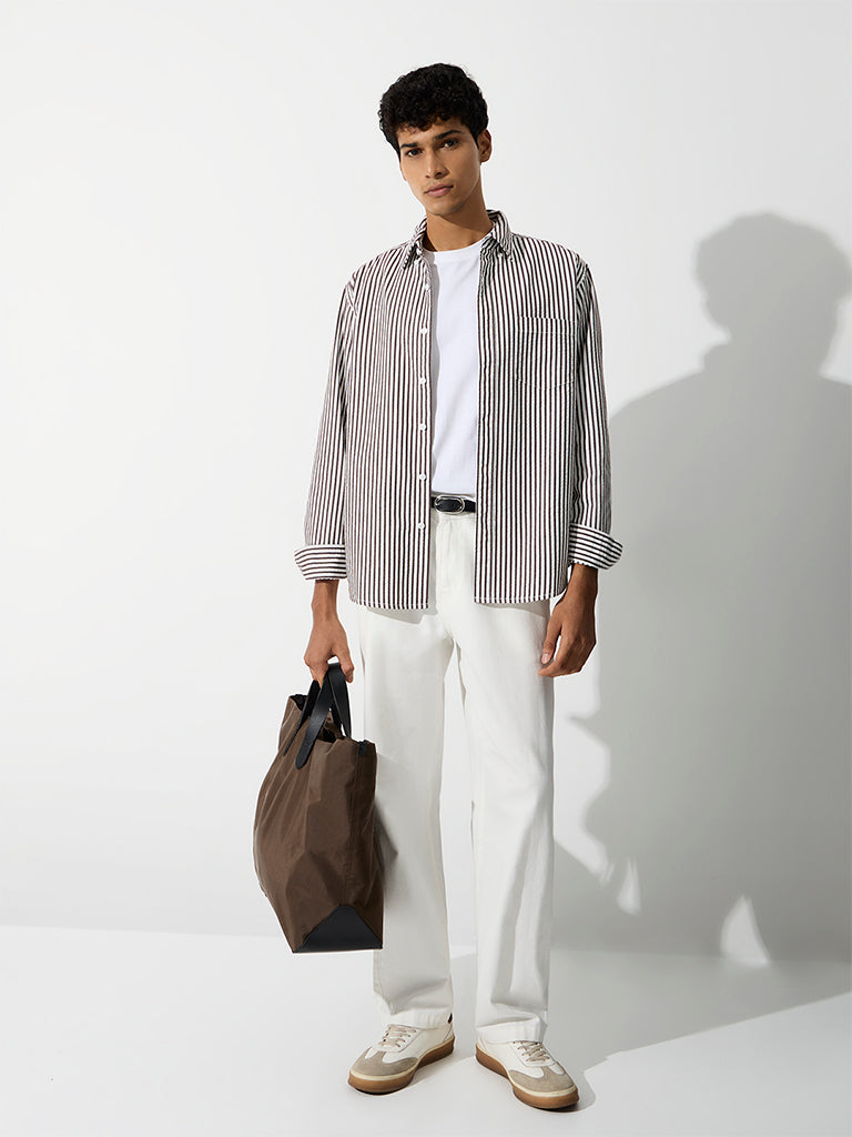 WES Casuals Brown Striped Relaxed-Fit Cotton-Blend Shirt
