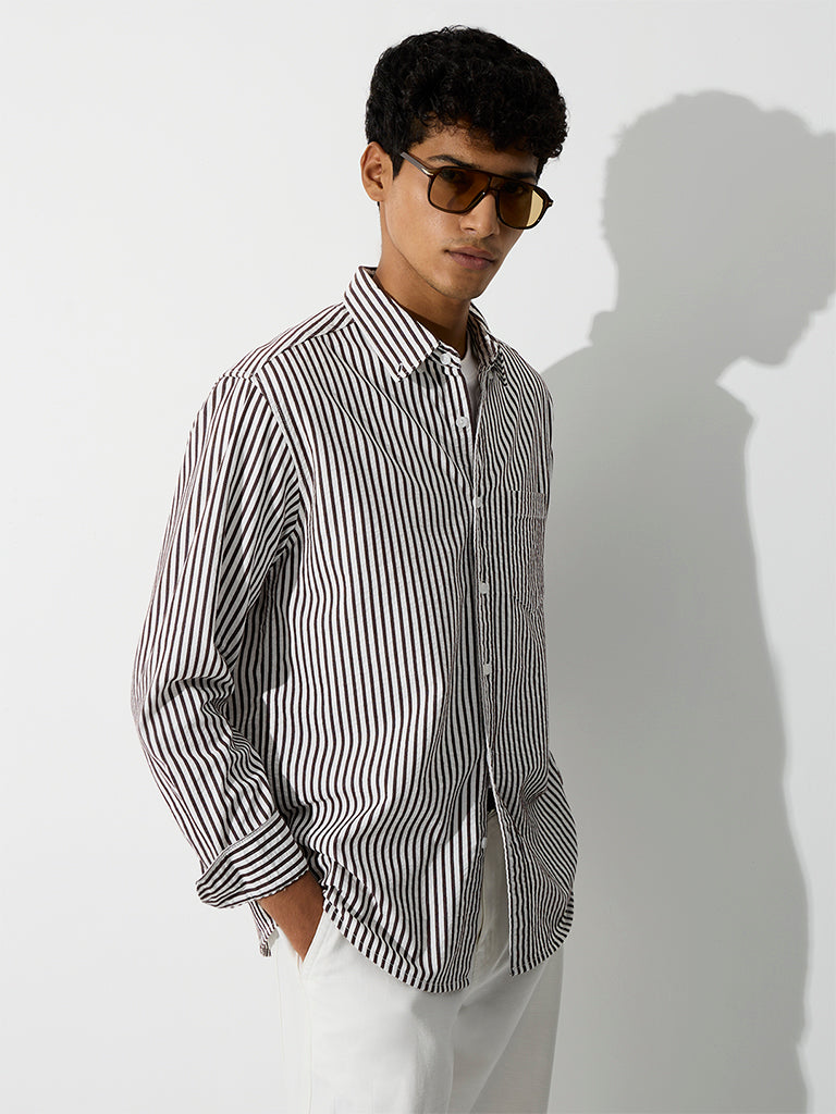 WES Casuals Brown Striped Relaxed-Fit Cotton-Blend Shirt