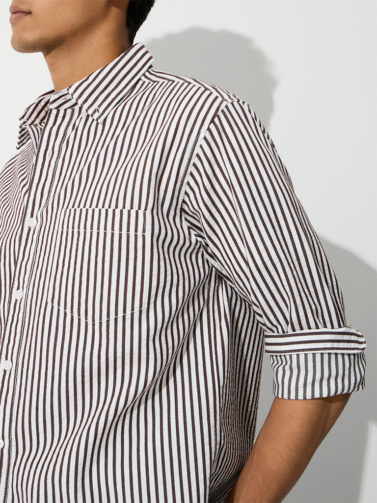 WES Casuals Brown Striped Relaxed-Fit Cotton-Blend Shirt