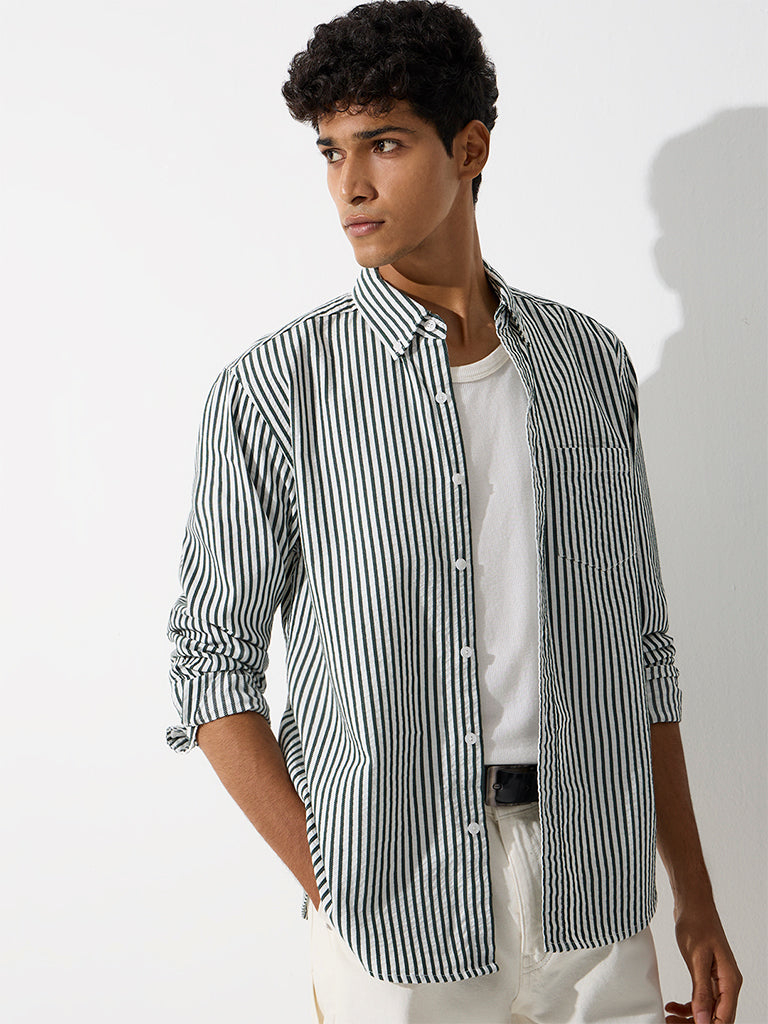WES Casuals Dark Green Striped Relaxed-Fit Cotton-Blend Shirt