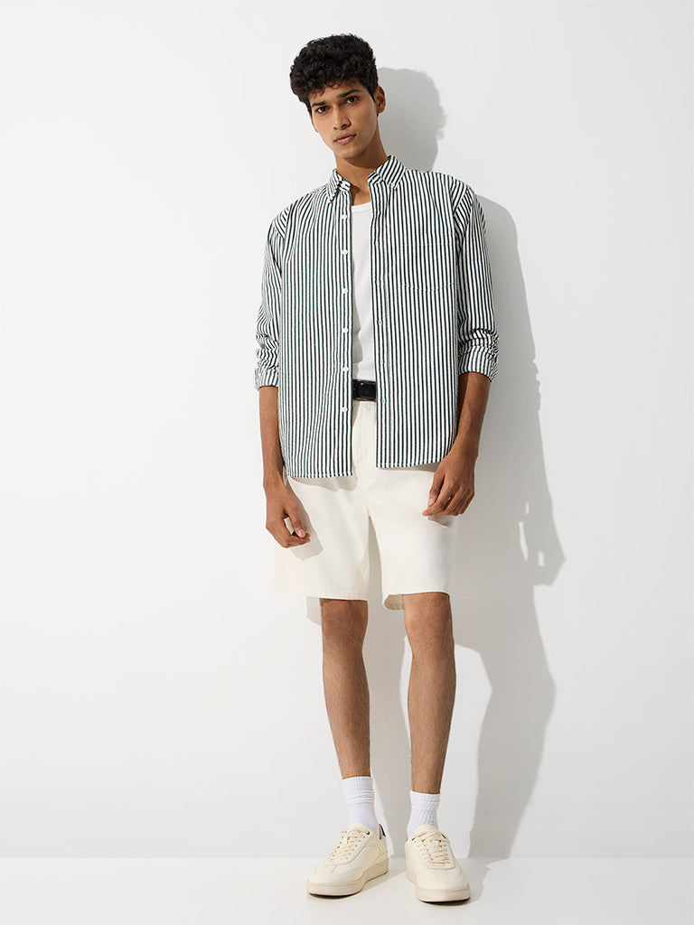 WES Casuals Dark Green Striped Relaxed-Fit Cotton-Blend Shirt