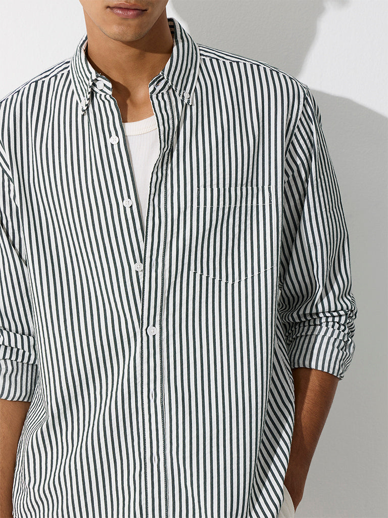 WES Casuals Dark Green Striped Relaxed-Fit Cotton-Blend Shirt