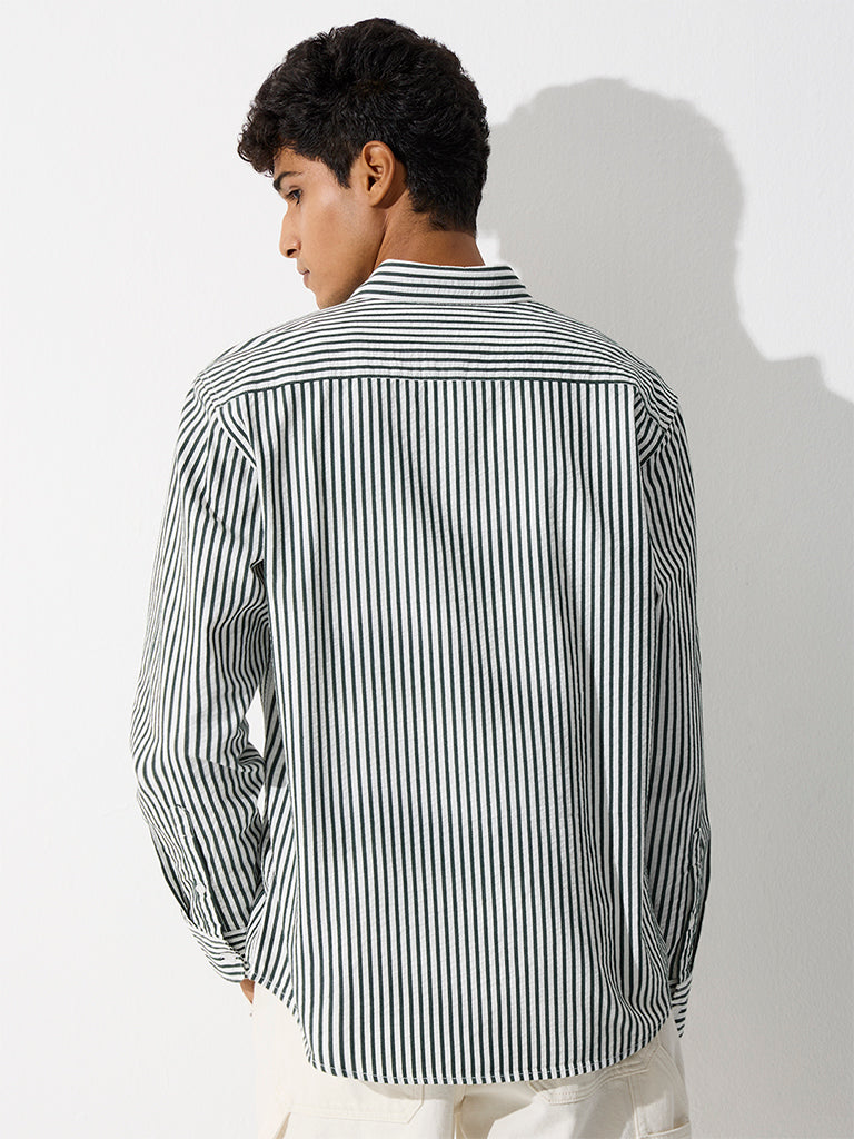 WES Casuals Dark Green Striped Relaxed-Fit Cotton-Blend Shirt