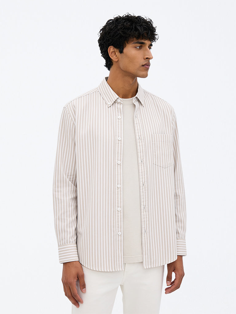 WES Casuals Beige Striped Relaxed-Fit Cotton Shirt
