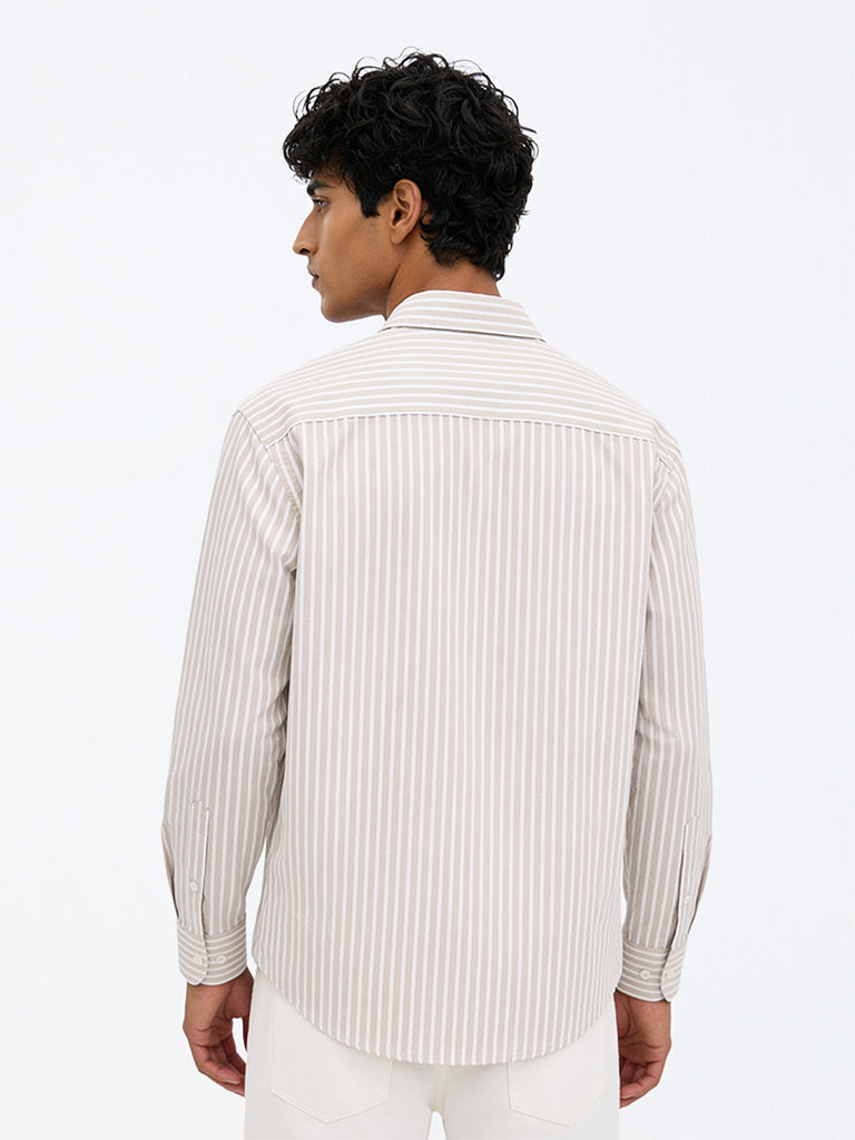 WES Casuals Beige Striped Relaxed-Fit Cotton Shirt