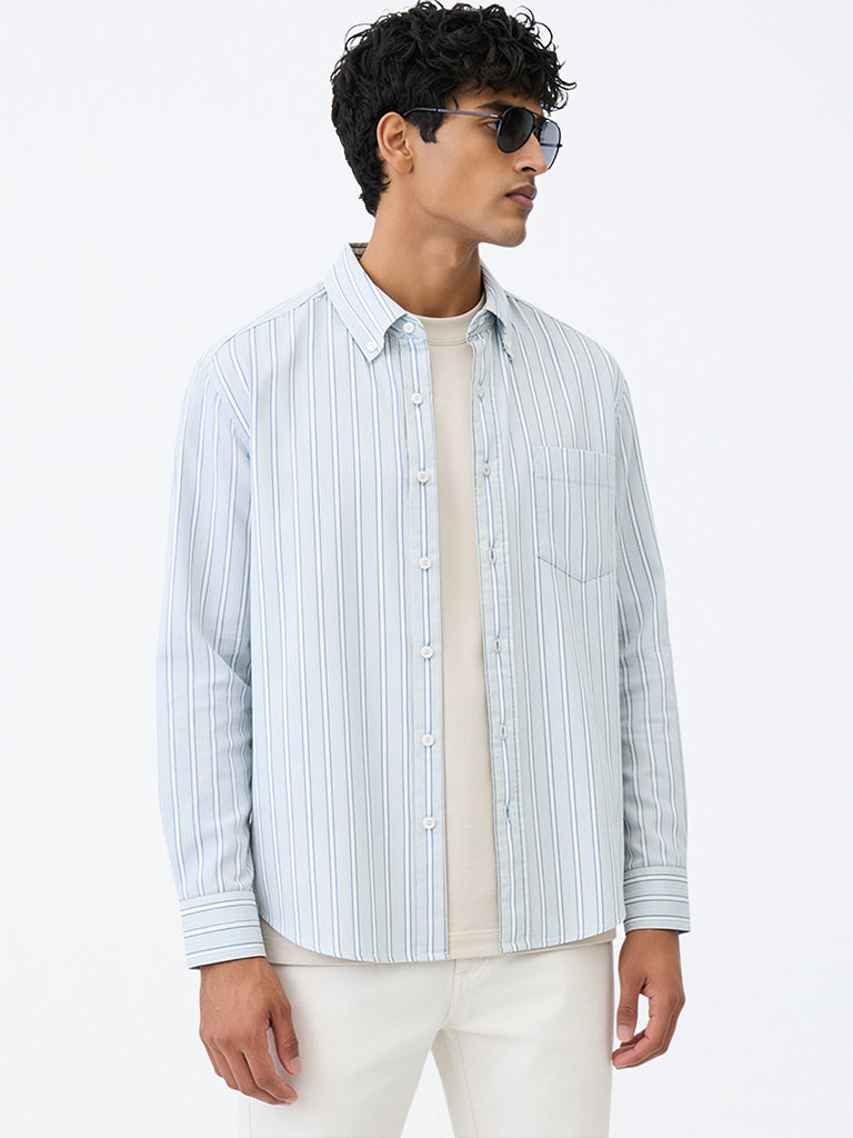 WES Casuals Light Green Striped Relaxed-Fit Cotton Shirt