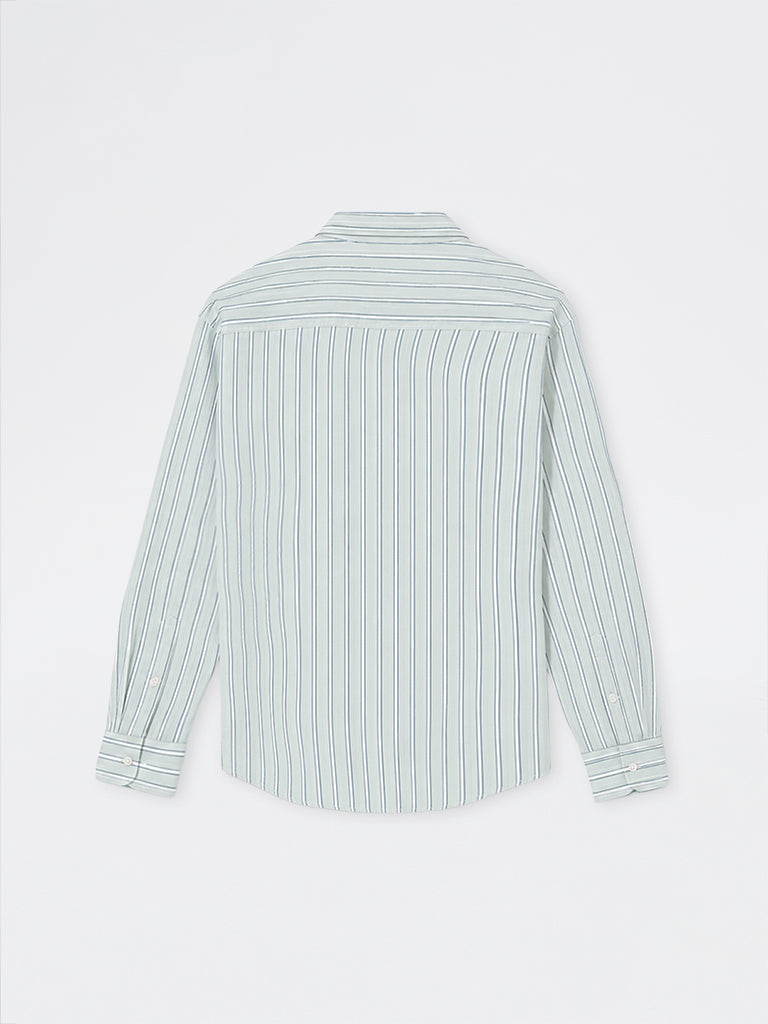 WES Casuals Light Green Striped Relaxed-Fit Cotton Shirt