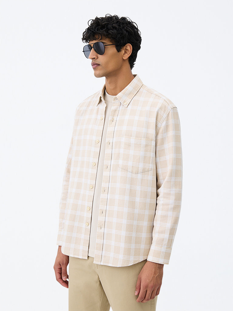 WES Casuals Beige Checkered Relaxed-Fit Cotton-Blend Shirt