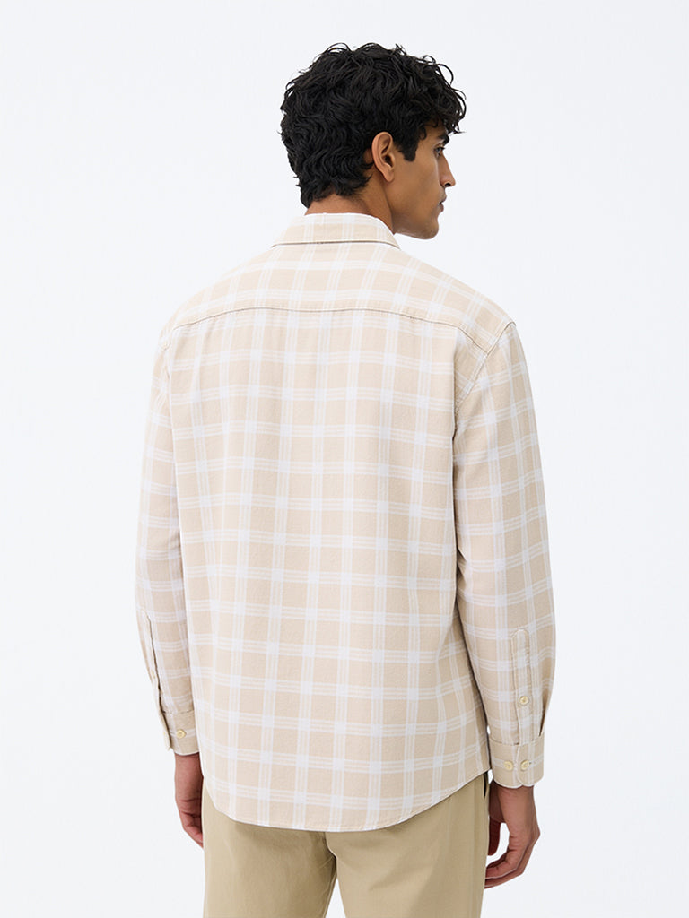 WES Casuals Beige Checkered Relaxed-Fit Cotton-Blend Shirt