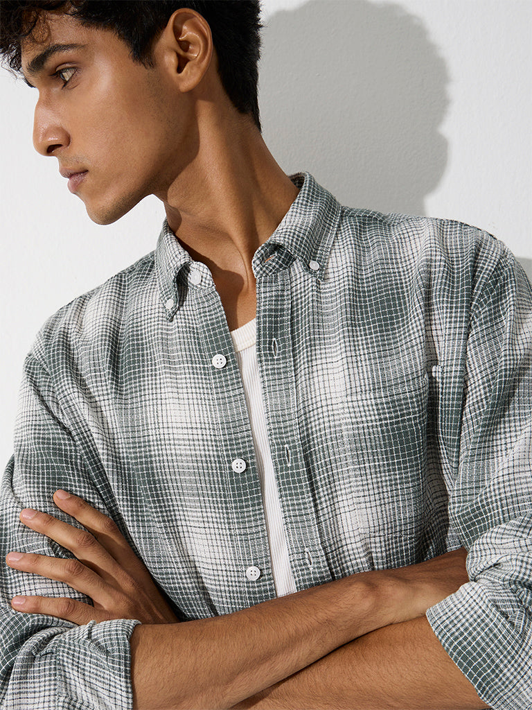 WES Casuals Green Checkered Relaxed-Fit Cotton Shirt