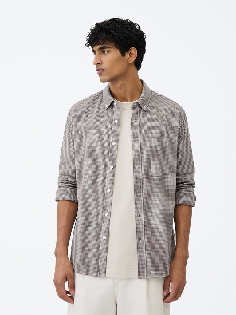 WES Casuals Brown Checkered Relaxed-Fit Cotton-Blend Shirt