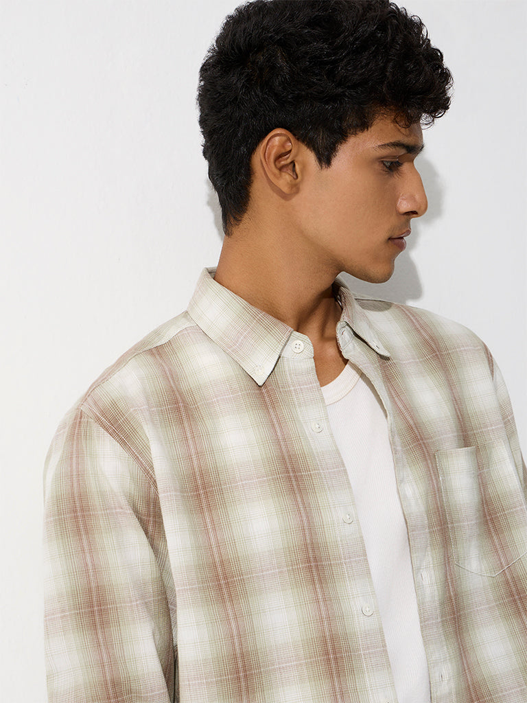 WES Casuals Green Checkered Relaxed-Fit Cotton Shirt